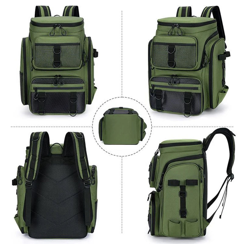 Bolsa de pesca 50l com suporte para vara, bolsa de peito para equipamento de peixe, organizador de isca, mochila de armazenamento, acampamento ao ar livre, caminhadas, mochila grande