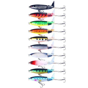 Popper conjunto de isca de pesca 11cm/14g artificial topwater isca dura rotativa wobblers enfrentar acessórios de isca de pesca 5/10 pçs pesca