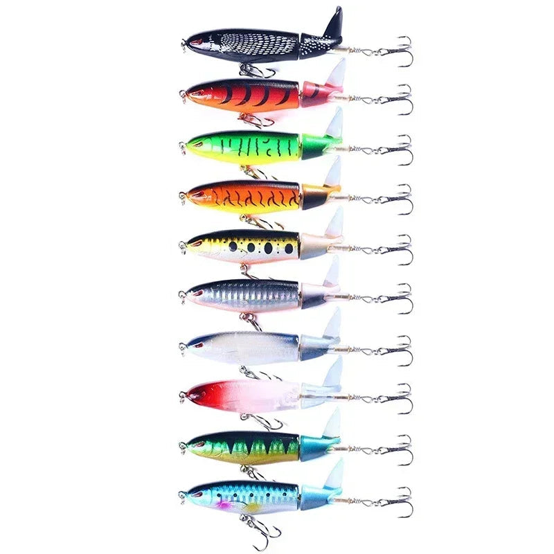 Popper conjunto de isca de pesca 11cm/14g artificial topwater isca dura rotativa wobblers enfrentar acessórios de isca de pesca 5/10 pçs pesca