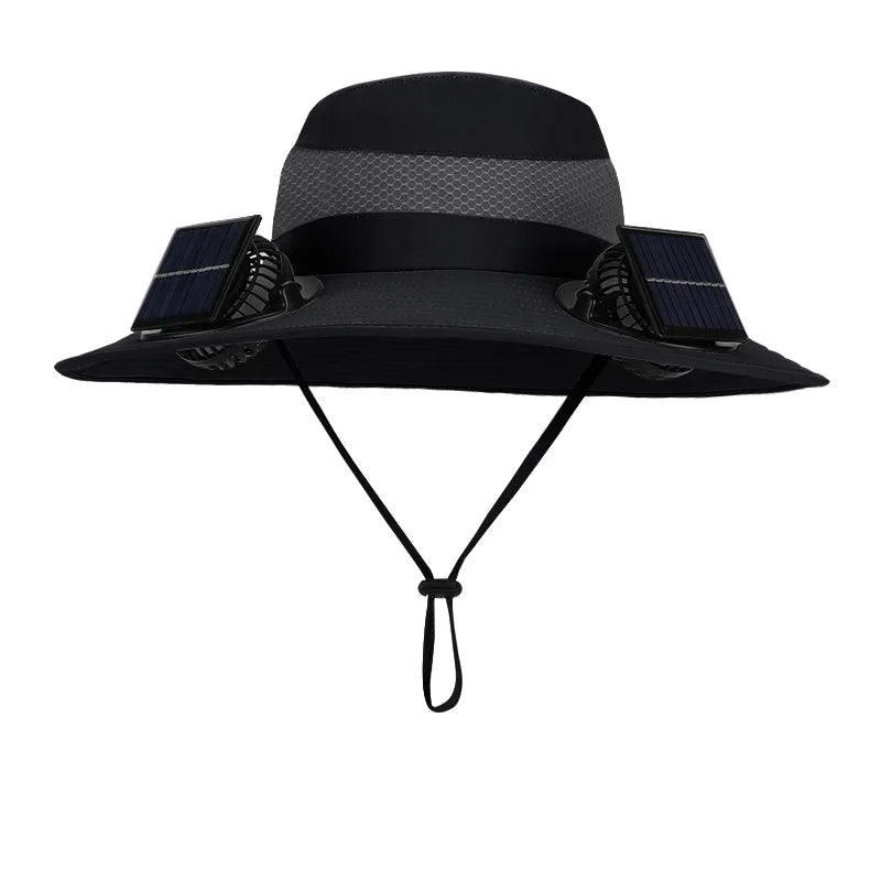 Chapéu de sol duplo ventilador para homens verão ao ar livre pesca proteção solar viseira chapéu de pescador 12cm aba larga respirável balde chapéu masculino