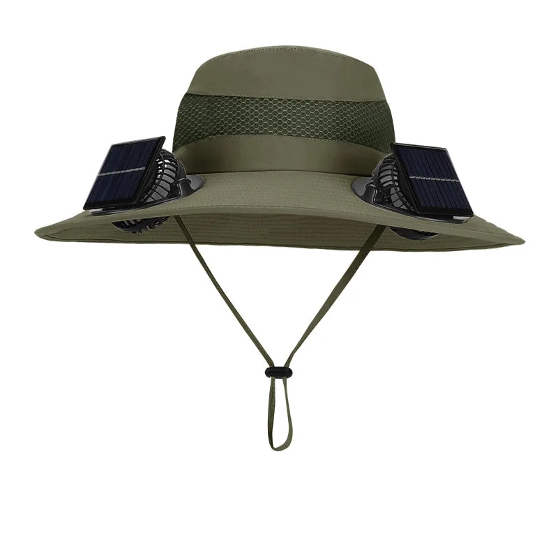 Chapéu de sol duplo ventilador para homens verão ao ar livre pesca proteção solar viseira chapéu de pescador 12cm aba larga respirável balde chapéu masculino