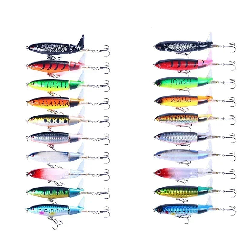 Popper conjunto de isca de pesca 11cm/14g artificial topwater isca dura rotativa wobblers enfrentar acessórios de isca de pesca 5/10 pçs pesca