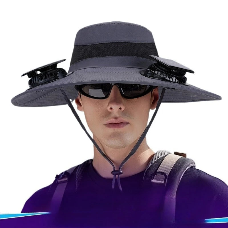 Chapéu de sol duplo ventilador para homens verão ao ar livre pesca proteção solar viseira chapéu de pescador 12cm aba larga respirável balde chapéu masculino